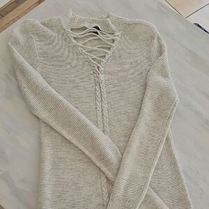 Women's Cream Sweater with Lace-Up Detail